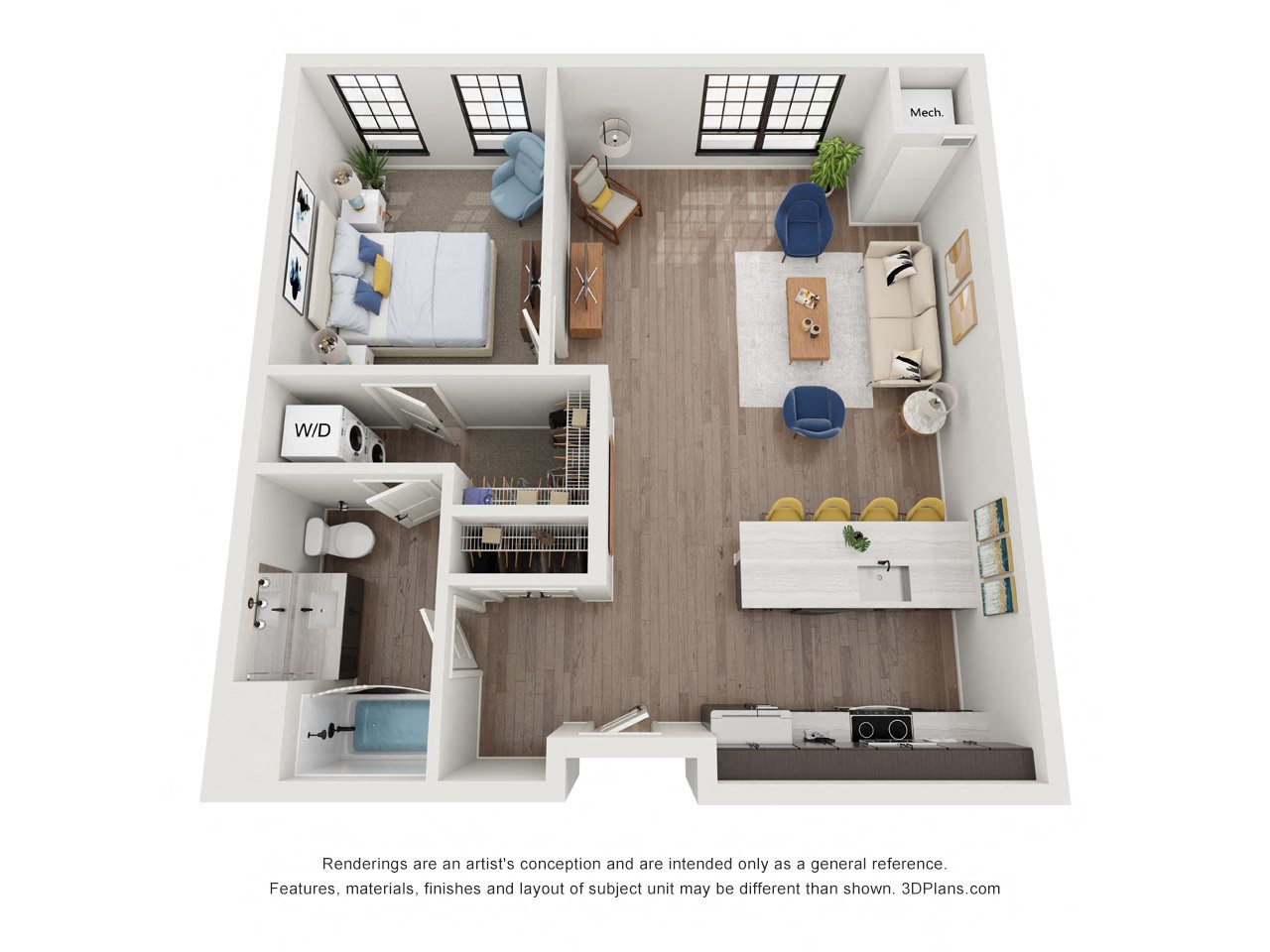Floor plan for 1 bed, 1 bath, 839 sqft